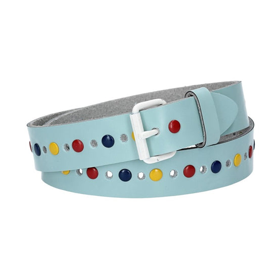 Ledergürtel Kids 25mm in Hellblau mit durchgehender Lochung, bunten Nieten und weißer Rollschließe - leder-accessoires.com