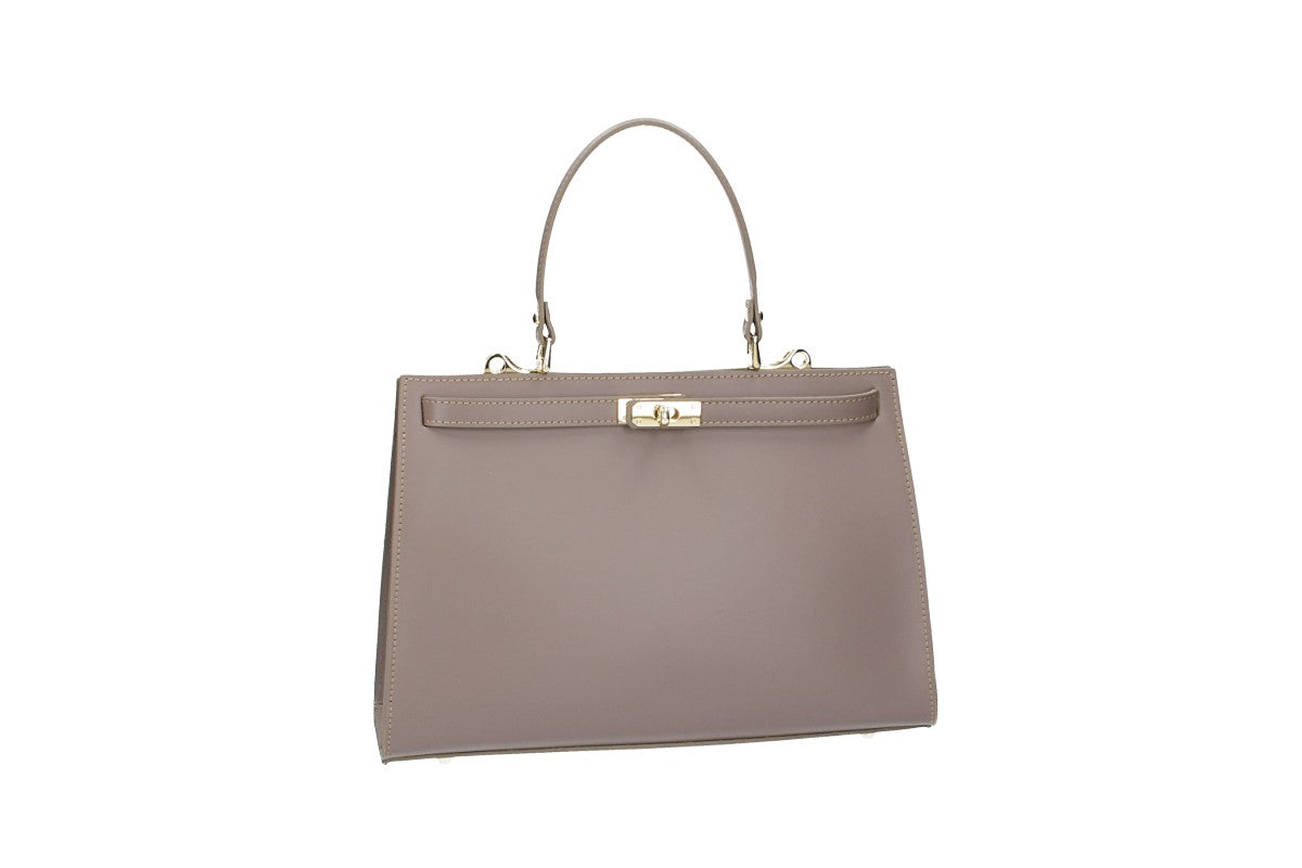 Handtasche aus Leder in Taupe mit Schloss in Gold