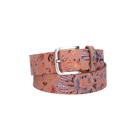 Ledergürtel Kids 30mm in Rosa mit floralem Muster und Schließe Silber - leder-accessoires.com