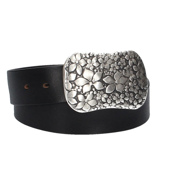 Ledergürtel Schwarz 40mm mit Blumenschließe|Koppelschließe - leder-accessoires.com