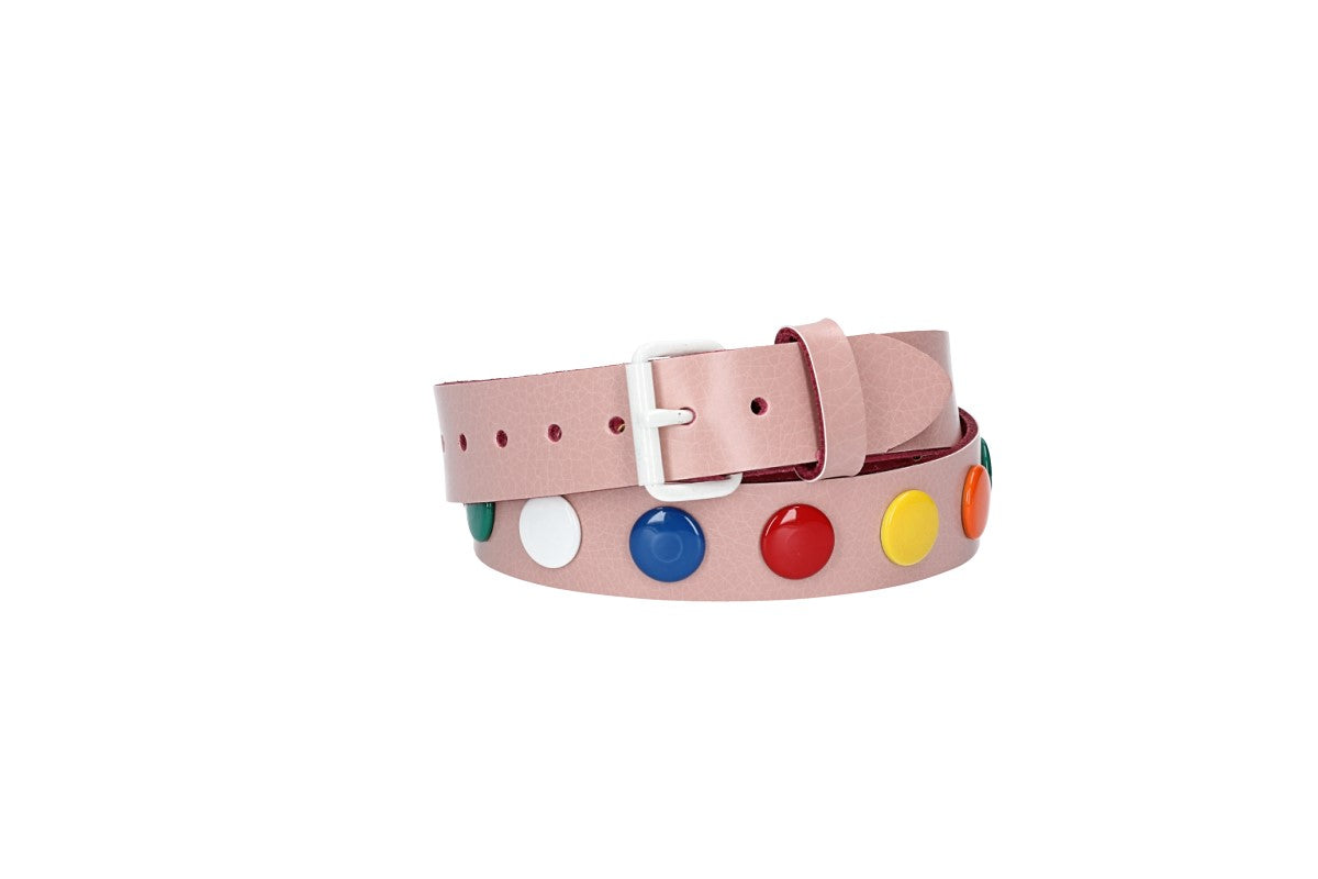 Ledergürtel Kids 25mm in Hellrosa mit bunten Nieten und Rollschließe Weiß