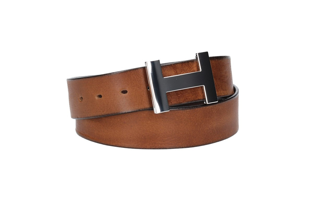 Ledergürtel Cognac 40mm mit H-Schließe in Silber