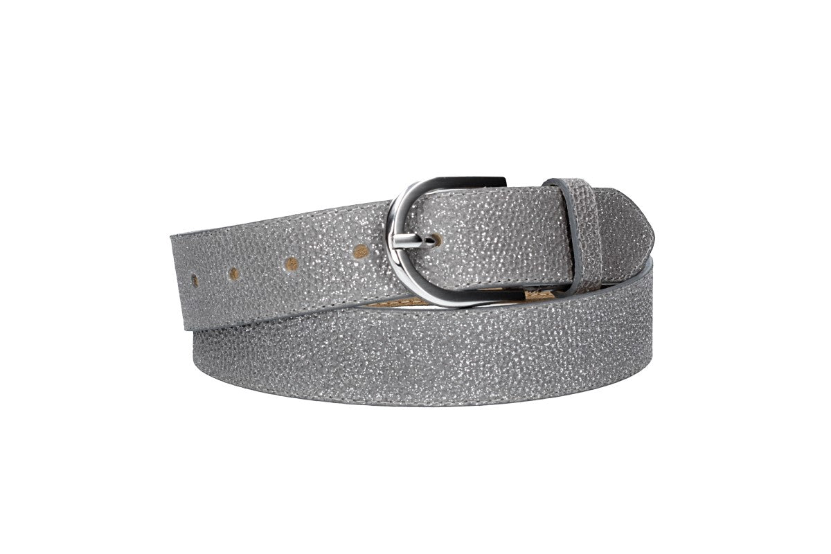 Ledergürtel 35mm Silber|Glitzer mit Dornschließe in Silber