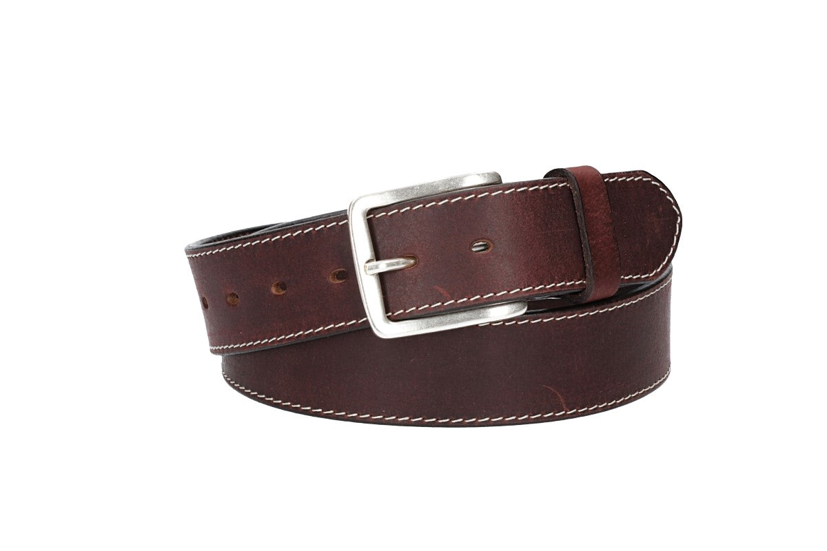 Ledergürtel Rot|Bordeaux 40mm abgenäht mit Dornschließe in Silber