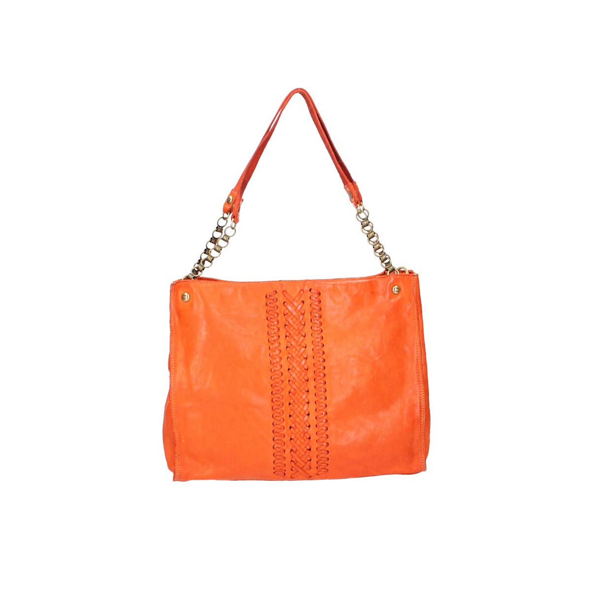 Schultertasche in Orange aus Leder mit Flechtmuster und Kettenriemen