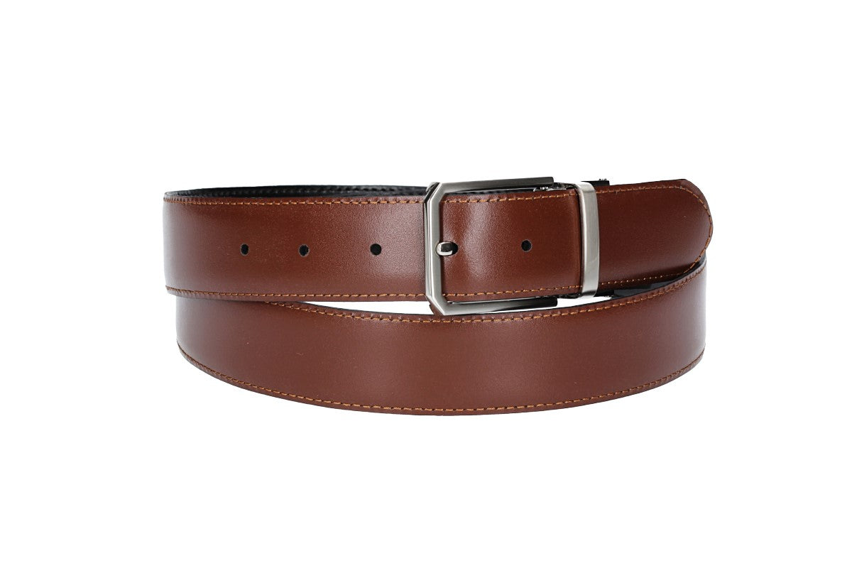 Wende-|Anzugsgürtel 35mm abgenäht in Cognac|Schwarz mit Dornschließe - leder-accessoires.com