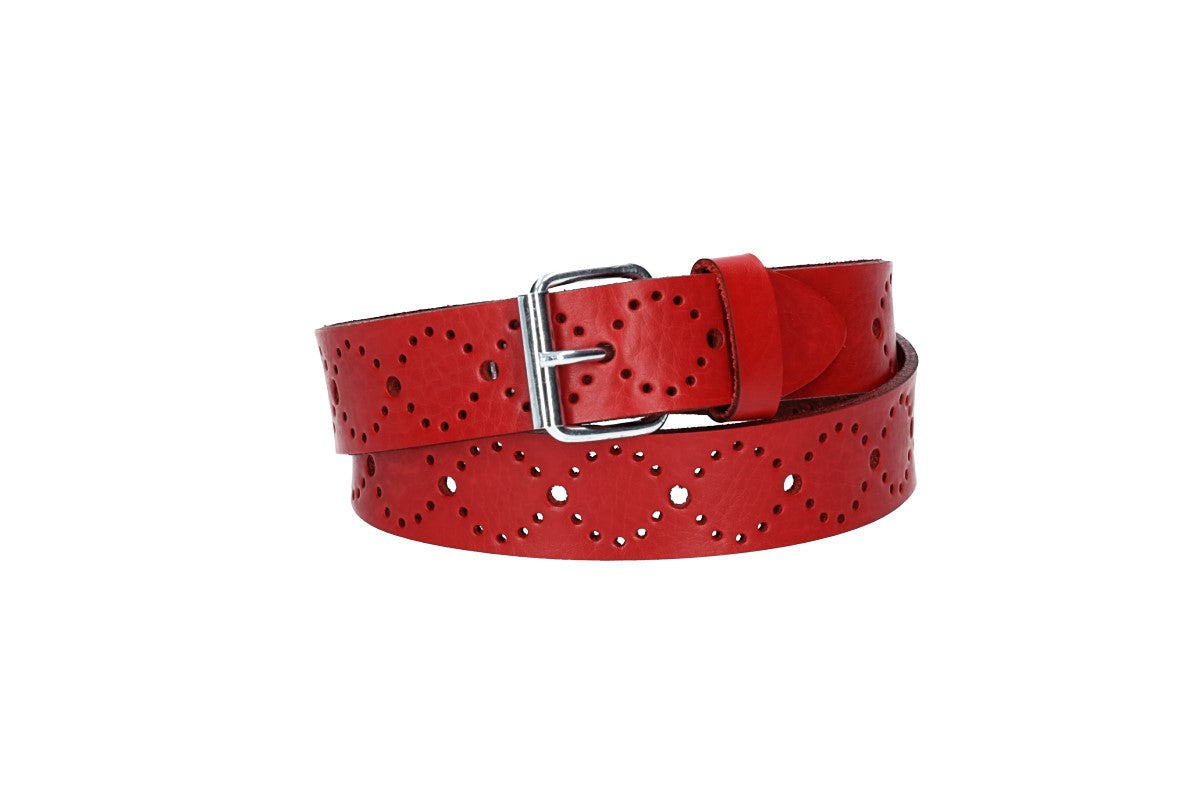 Ledergürtel Kids 25mm in Rot mit Lochmuster und Schließe Silber
