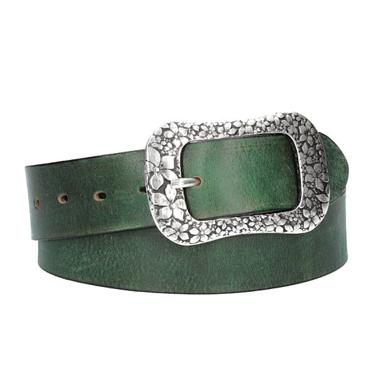Ledergürtel Grün 40mm mit Blumenschließe - leder-accessoires.com