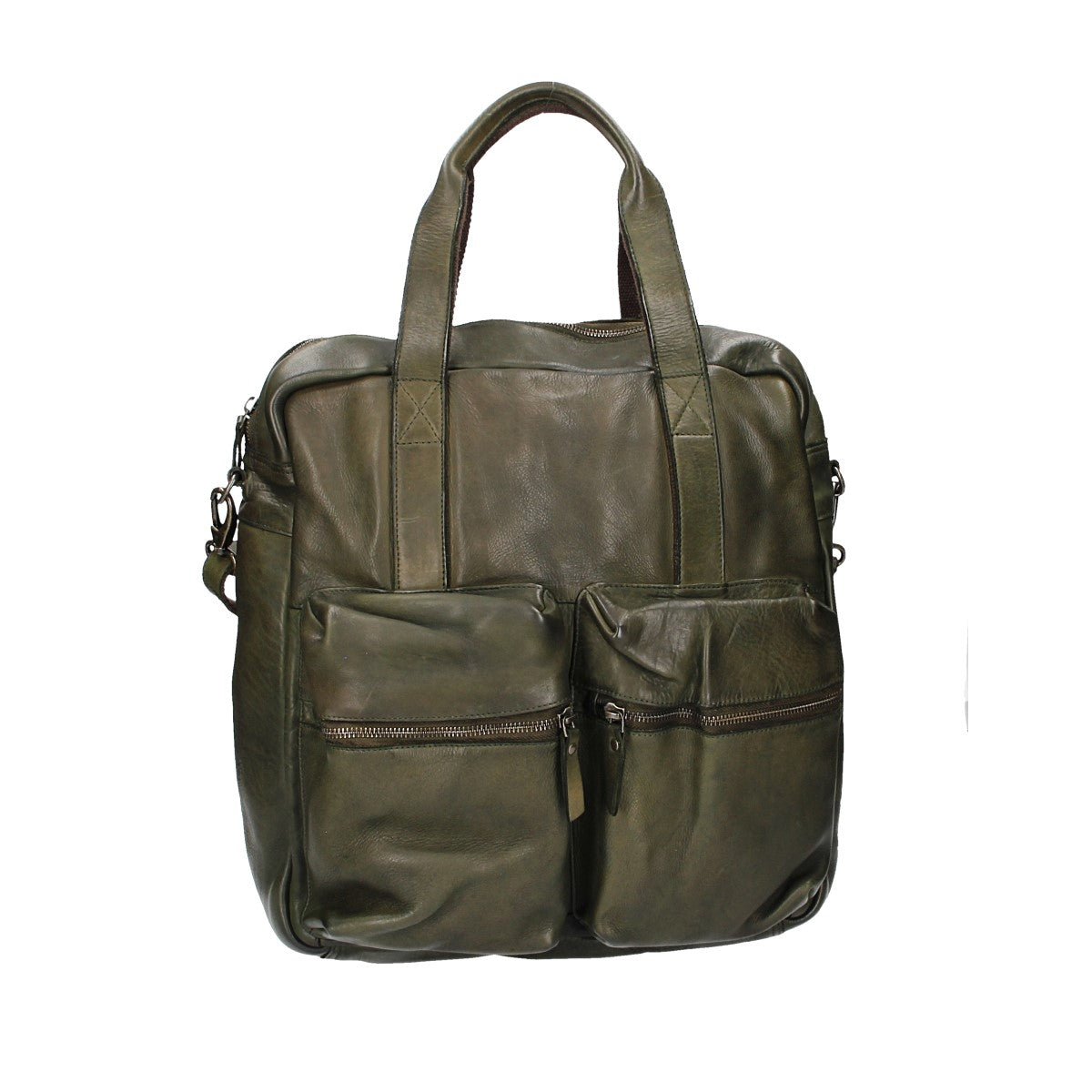 Ledertasche in Grün|Oliv mit Reißverschluss und zwei Vortaschen