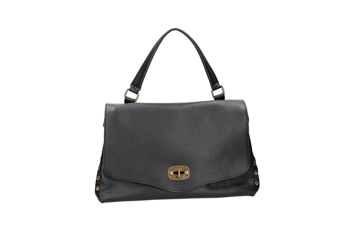 Kurzgrifftasche in Schwarz mit Überschlag aus Leder