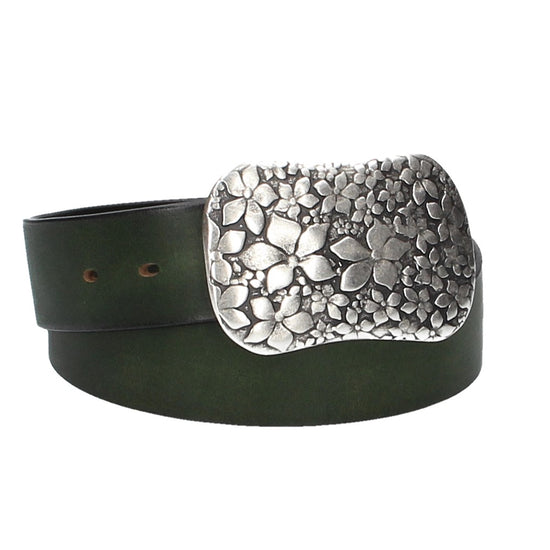 Ledergürtel Grün 40mm mit Blumenschließe|Koppelschließe - leder-accessoires.com