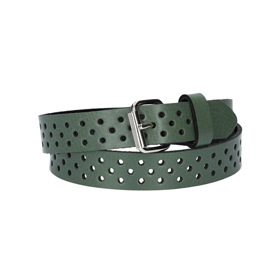 Ledergürtel Mini 20mm in Grün mit durchgehender Lochung und dunkler Rollschließe - leder-accessoires.com