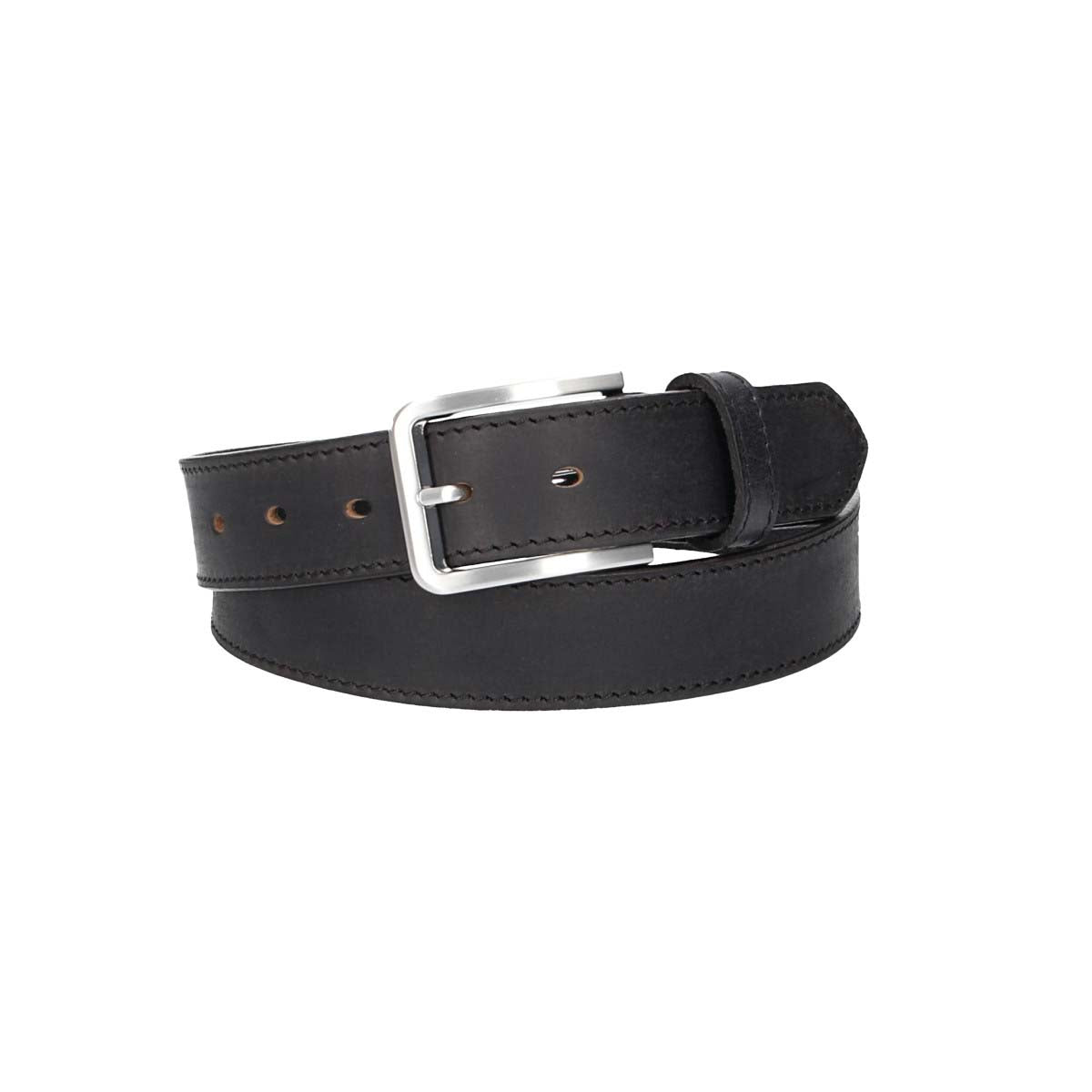 Ledergürtel Schwarz 35mm abgenäht mit Dornschließe in Silber