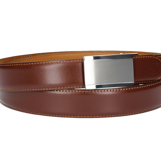 Anzugs| Automatikgürtel 35mm bombiert und abgenäht in Cognac mit Koppelschließe - leder-accessoires.com