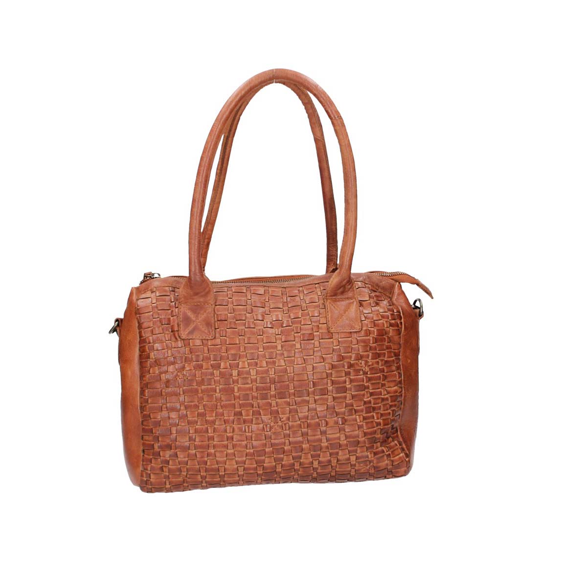 Schultertasche in Cognac mit Flechtmuster aus Leder