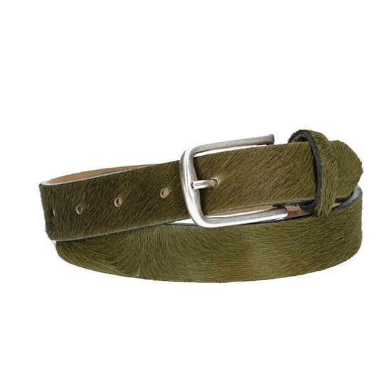 Fellgürtel 30mm in Oliv mit Dornschließe in Silber - leder-accessoires.com