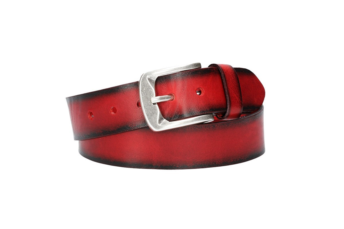 Jeansgürtel 40mm in Dunkelrot mit Airbrushkante und Dornschließe Altsilber