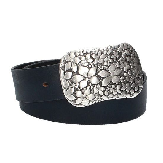 Ledergürtel Blau 40mm mit Blumenschließe|Koppelschließe - leder-accessoires.com