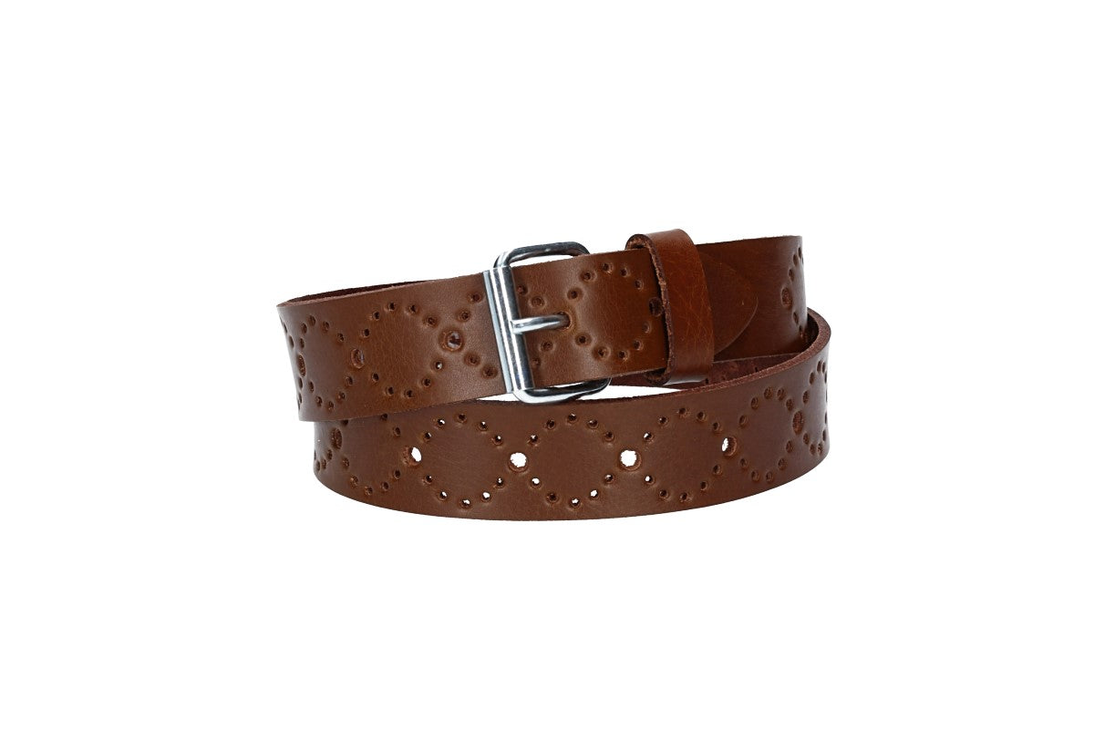 Ledergürtel Kids 25mm in Cognac mit Lochmuster und Rollschließe in Silber