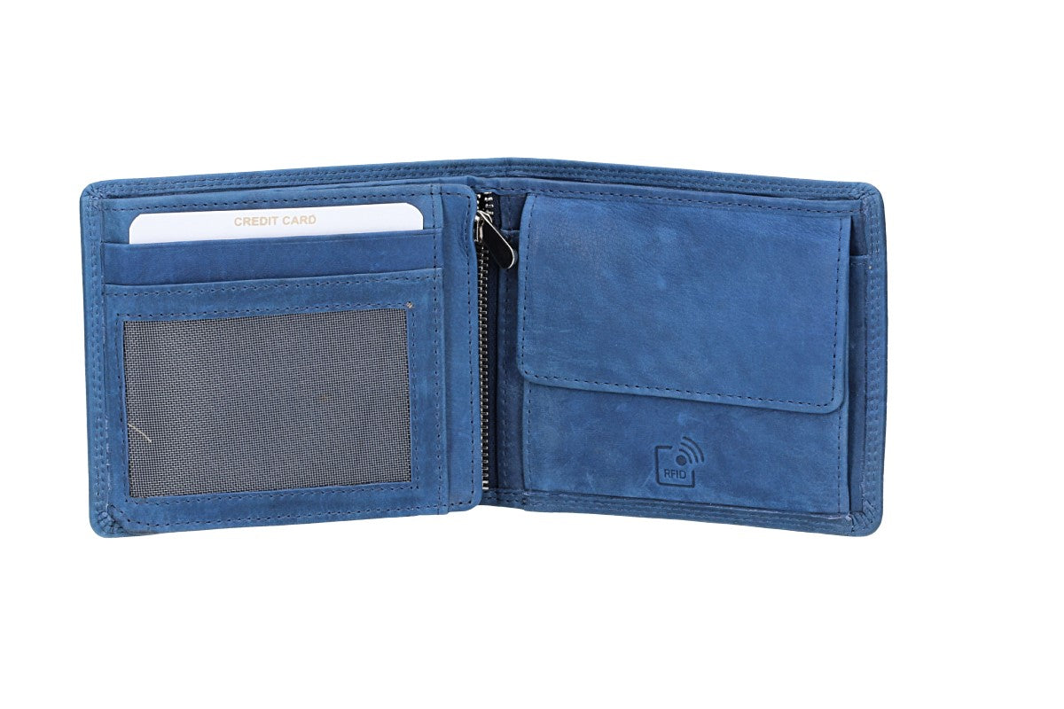 Geldbörse Querformat mit Reißverschluss in Blau|Navy aus Leder